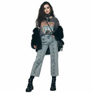 PrettyLittleThing $85 NWT Petite Washed Blue Denim Lace-Up Straight Leg Jeans 6